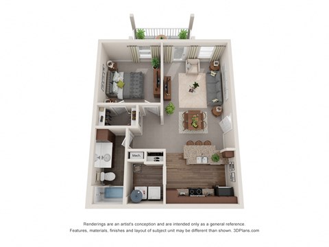 Floor plan for 1 bed, 1 bath, 743 sqft